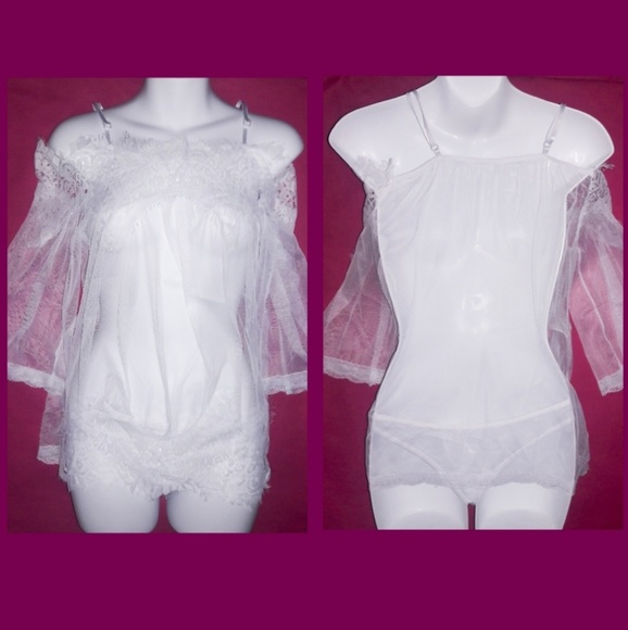 Cold Shoulder Sheer White Mesh Lace Babydoll Set - Picture 8 of 8